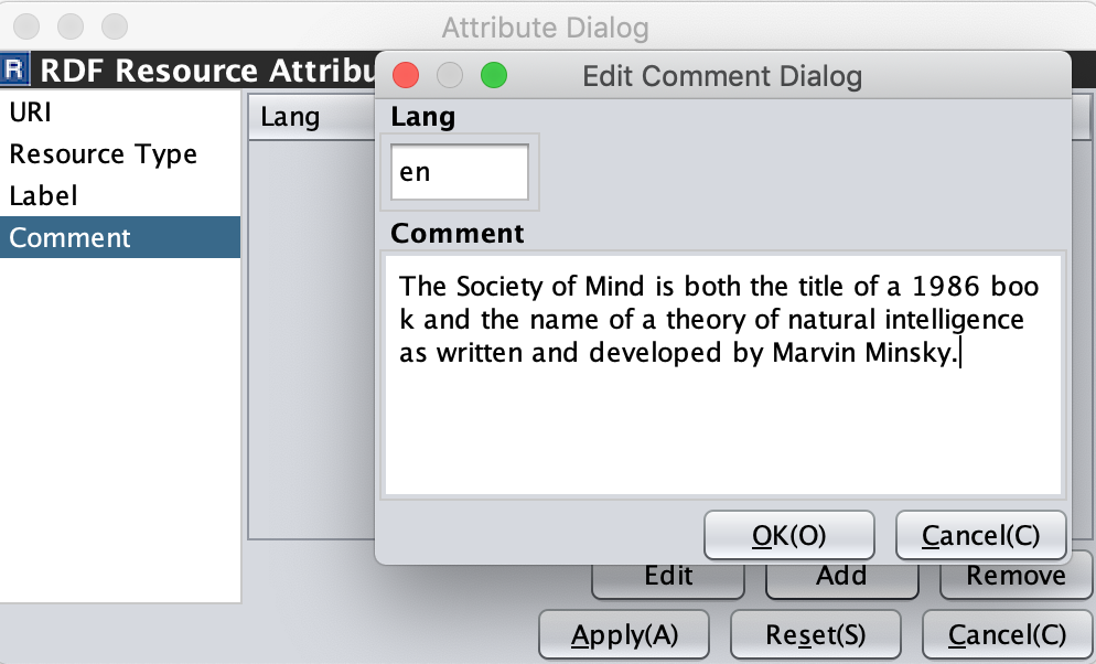 Attribute Dialog (Comment of an RDF resource)