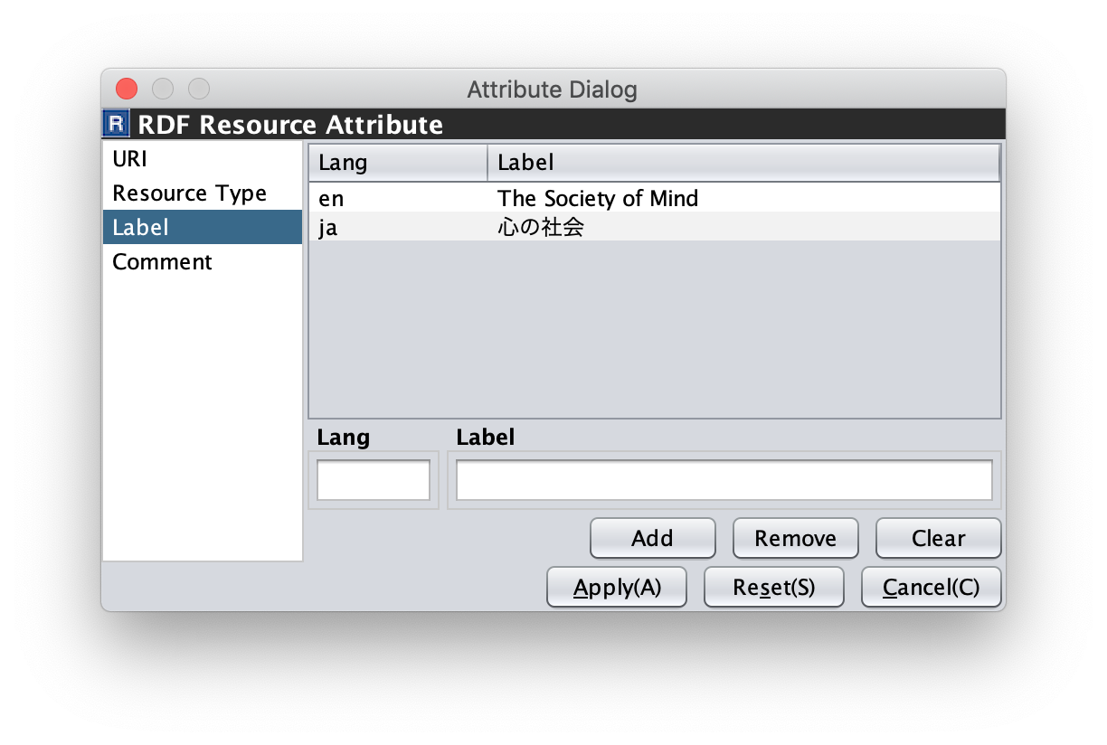 Attribute Dialog (Label of an RDF resource)
