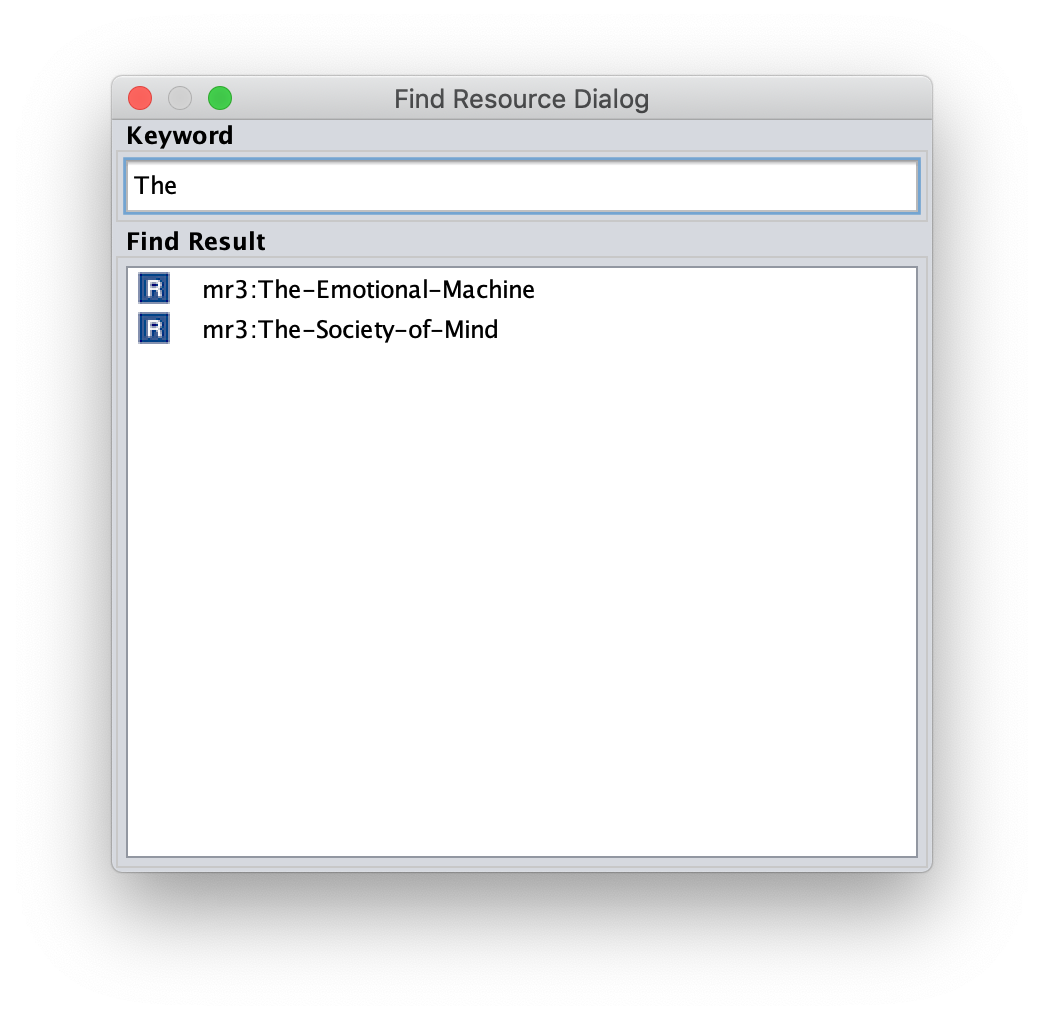 A screenshot of the Resource search dialog
